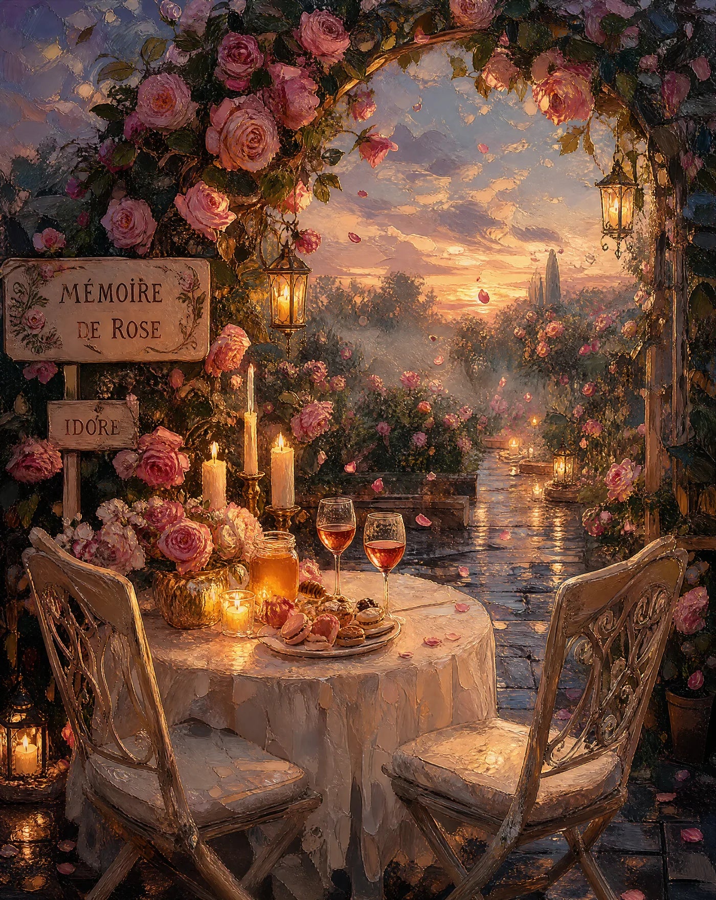Mémoire de Rose, a painted candlelit rose garden